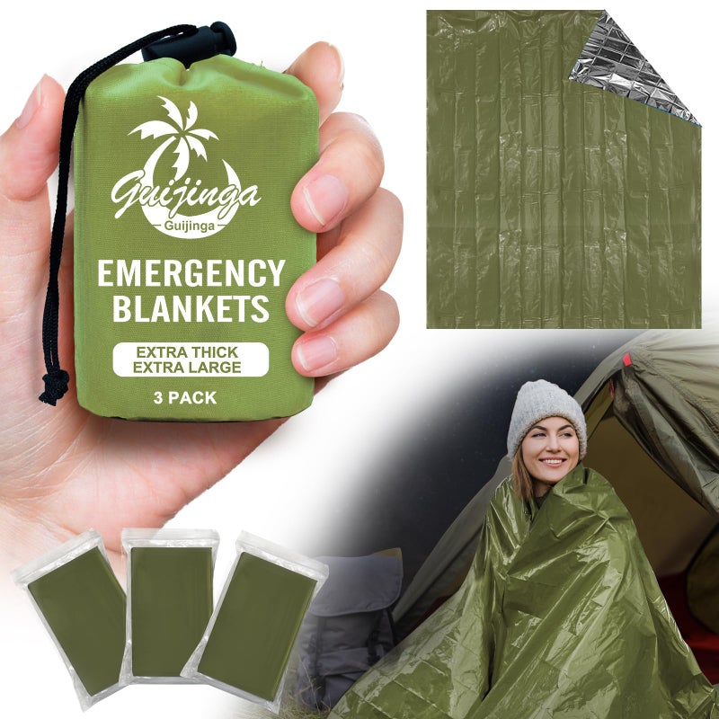 Guijinga 3-Pack Emergency Blanket, Extra-Thick Extra-Large Survival Blanket, Thermal Reflective Emergency Thermal Blanket for Outdoor Adventures, for Camping, Hiking, and Car Emergencies - Image 1