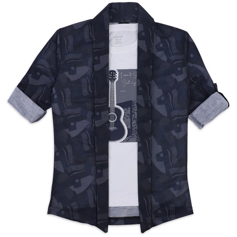 CAVIO Boys Full Sleeves Printed Shawl Collar Shrug and T-Shirt - Navy - Image 1