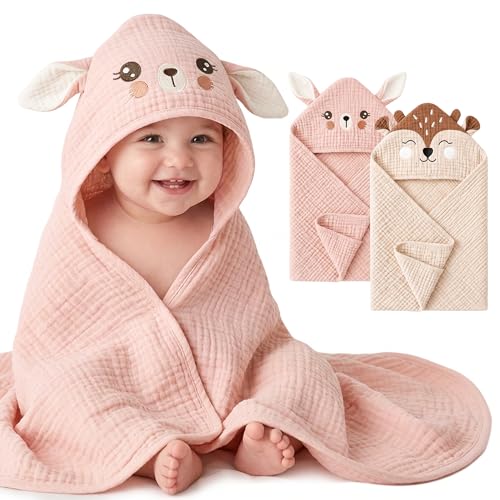 Konssy 2Pack Muslin Baby Hooded Towels 100 Cotton Soft and Absorbent Baby Bath Towels for Newborn Infant Toddler with Animal Hooded DesignBunny Deer - Image 1