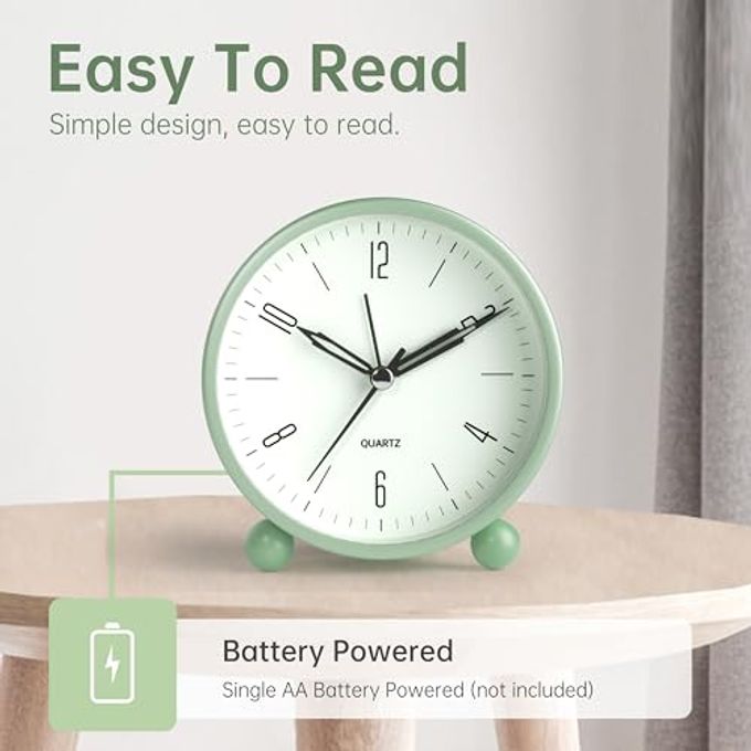 Jall Analog Alarm Clock, 4 inch Super Silent Non Ticking Small Clock with Night Light, Battery Operated, Simple Design, Old Fashioned Style Ideal Decor, for Bedroom, Bedside, Desk, Adult, Kid, Gift, Green - Image 3