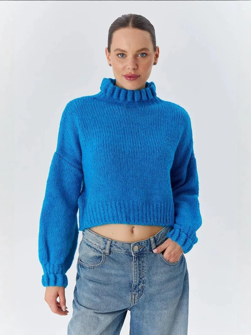 MixRay Mixray Thick Turtleneck Textured Crop Sweater