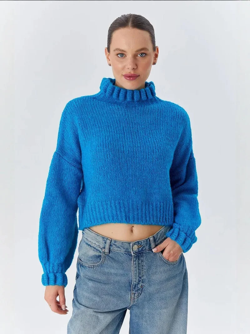 MixRay Mixray Thick Turtleneck Textured Crop Sweater