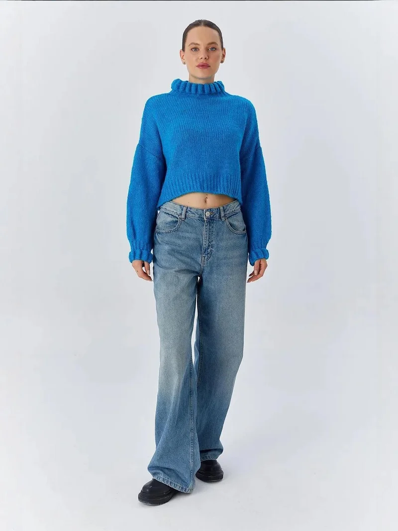 MixRay Mixray Thick Turtleneck Textured Crop Sweater