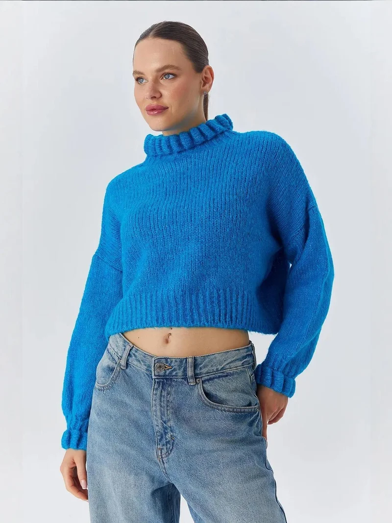Mixray Maya Blue Mixray Thick Turtleneck Textured Crop Sweater for Women | Best Price UAE