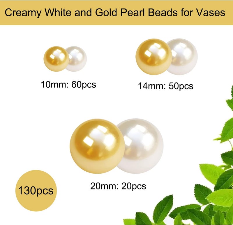 LWQYHTT Floating Pearl for Vase Filler and Transparent Water Gels No Hole Floating Pearl Beads for Wedding Centerpiece Home Table Decor, Pearls for Brush Holder 130PCS (Creamy White, Gold) - Image 2