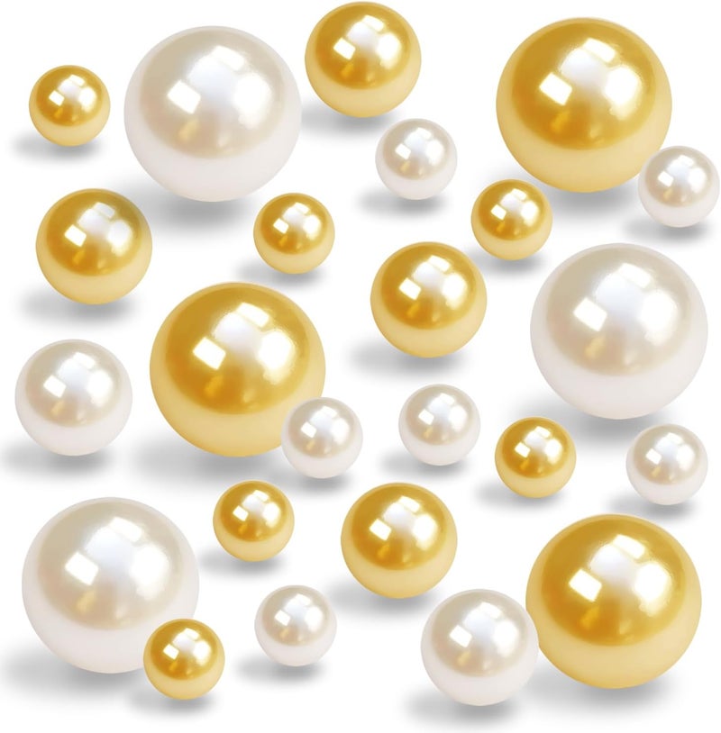 LWQYHTT Floating Pearl for Vase Filler and Transparent Water Gels No Hole Floating Pearl Beads for Wedding Centerpiece Home Table Decor, Pearls for Brush Holder 130PCS (Creamy White, Gold) - Image 1
