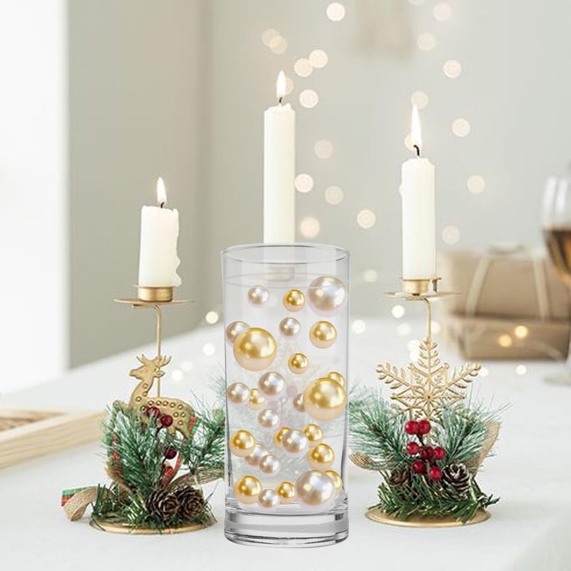 LWQYHTT Floating Pearl for Vase Filler and Transparent Water Gels No Hole Floating Pearl Beads for Wedding Centerpiece Home Table Decor, Pearls for Brush Holder 130PCS (Creamy White, Gold) - Image 3