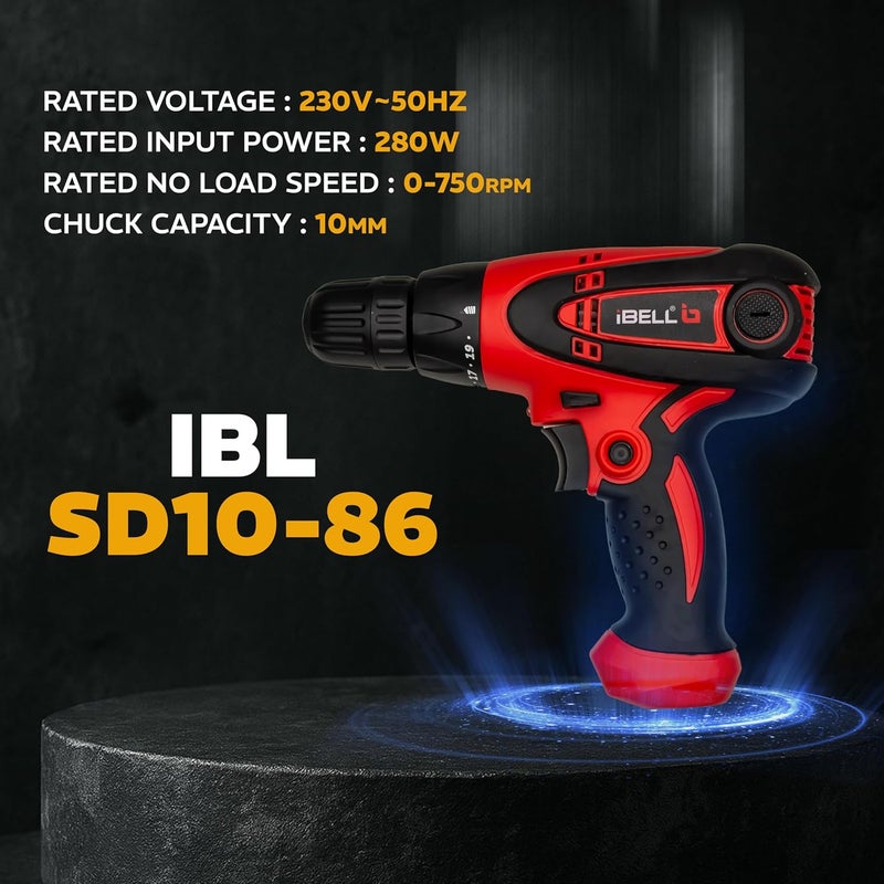 آي بيل مفك كهربائي SD10-85/86 بقوة 280 واط، عضو دوار نحاسي، ظرف 10 مم، سرعة 750 دورة في الدقيقة، عزم 19+1 وضع حفر (أحمر-أسود) - Image 2
