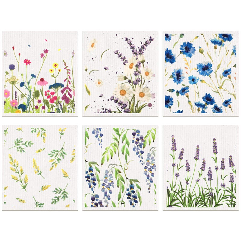 Remagr Swedish Kitchen Dish Towels Wildflowers Reusable Sponge Cleaning Cloths Absorbent Quick Drying Washable Cleaning Wipes No Odor Hand Towel 6