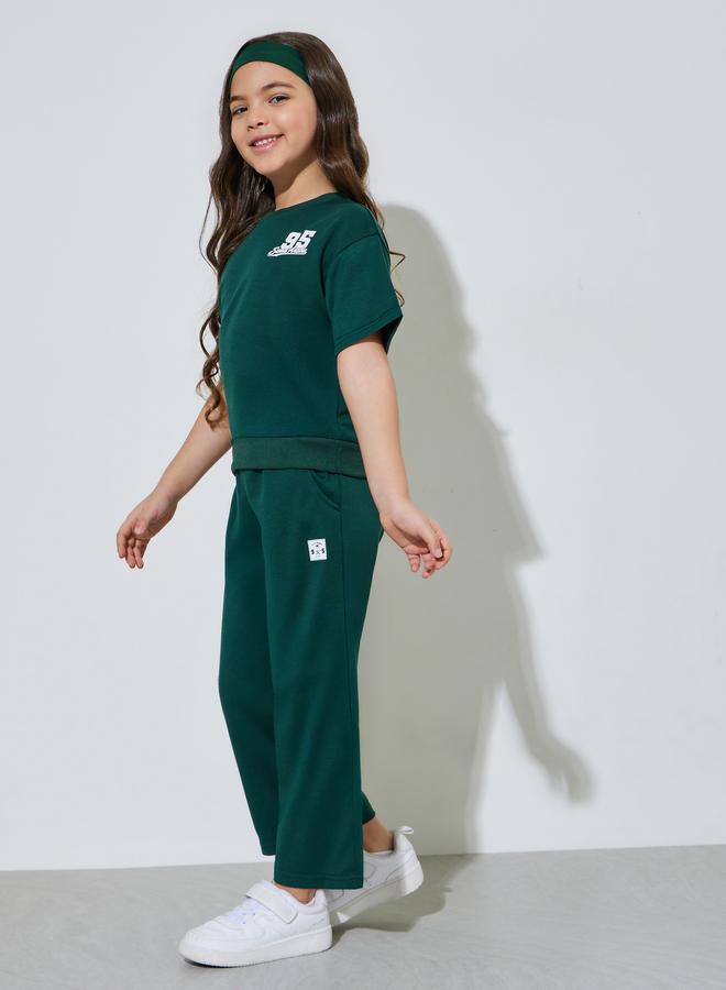 Styli Girls Dark Green KSA National Day Print Oversized T-Shirt and Joggers Set - Image 1