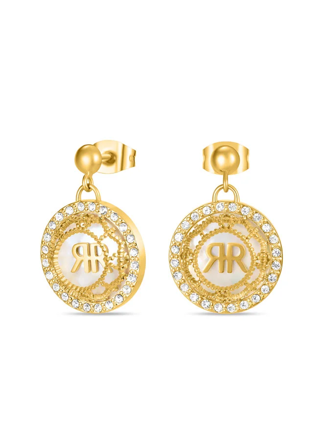 شيروتي 1881 Arabesque.3 Earrings Embossed 3D Floral Design with Mother of Pearl and Gold-Plated Accents â€“ Crystal-Adorned with CRR Logo