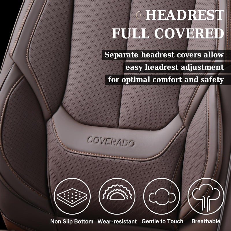 Coverado Universal Seat Covers Front, 2-Pack Universal Seat Covers for Cars, Waterproof Nappa Leather Car Seat Covers with Head Pillow, Auto Protectors Fit for Most Sedans SUV Pick-up Truck-Brown - Image 4