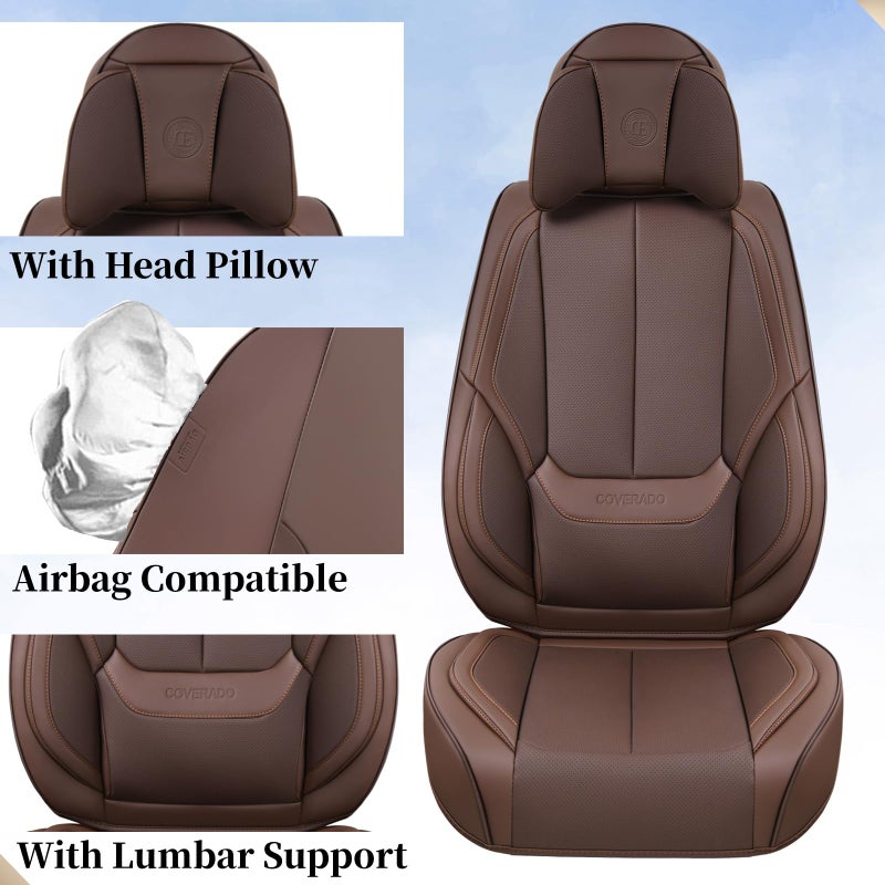Coverado Universal Seat Covers Front, 2-Pack Universal Seat Covers for Cars, Waterproof Nappa Leather Car Seat Covers with Head Pillow, Auto Protectors Fit for Most Sedans SUV Pick-up Truck-Brown - Image 3