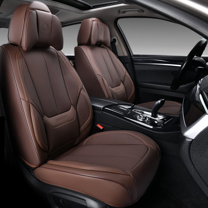 Coverado Universal Seat Covers Front, 2-Pack Universal Seat Covers for Cars, Waterproof Nappa Leather Car Seat Covers with Head Pillow, Auto Protectors Fit for Most Sedans SUV Pick-up Truck-Brown - Image 1