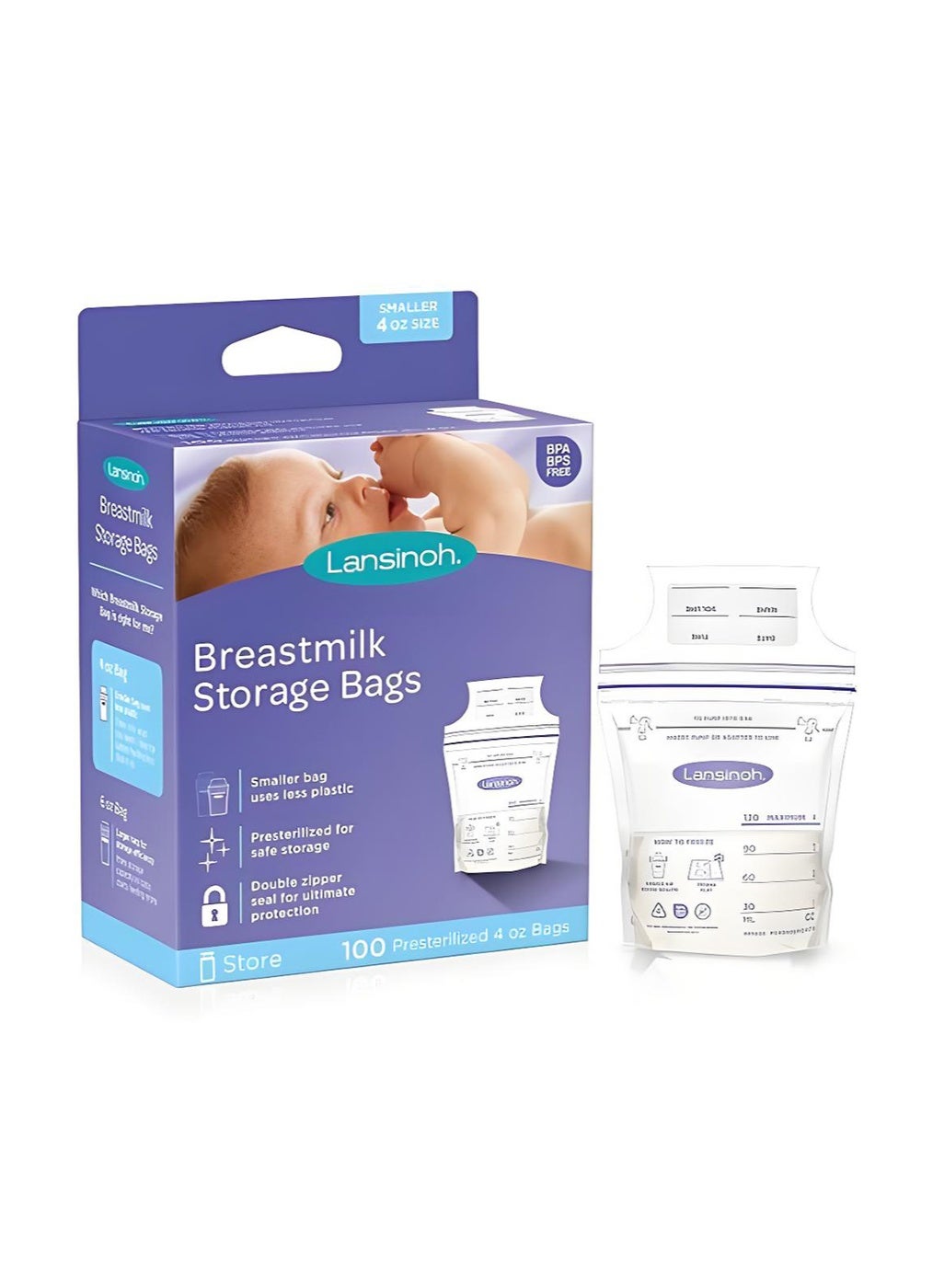 Lansinoh Breastmilk Storage Bags Smaller Size 4oz, 120ml, 100 Count,  Baby Essentials, Fast Freeze & Thaw Breast Milk Bags for Baby Bottle Feeding, Strength & Stretch