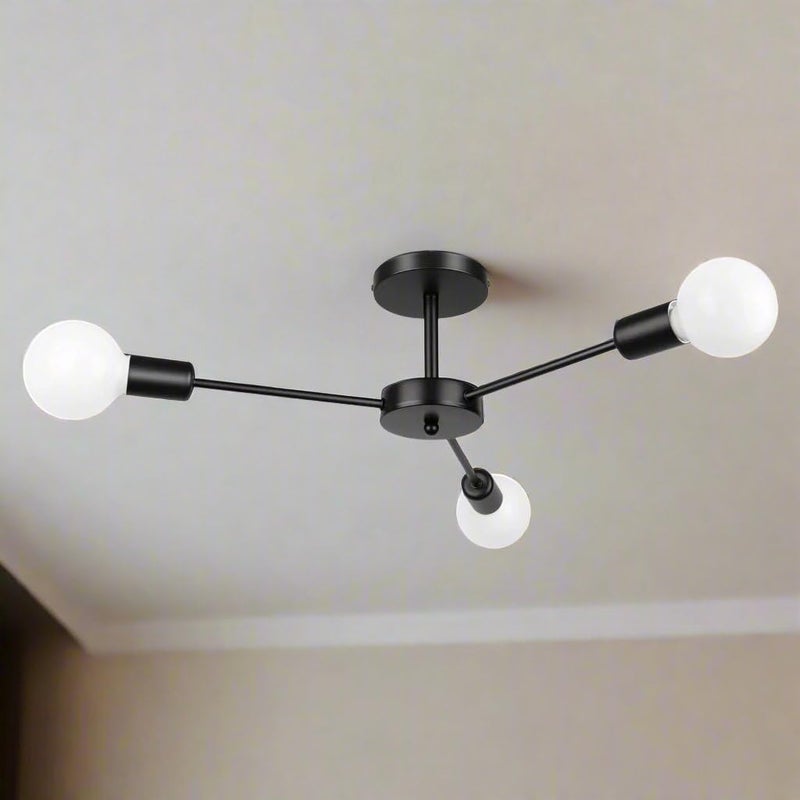 Modern Sputnik Semi Flush Mount Ceiling Light, Black Metal, 3-Light Fixture, Contemporary Branch Design