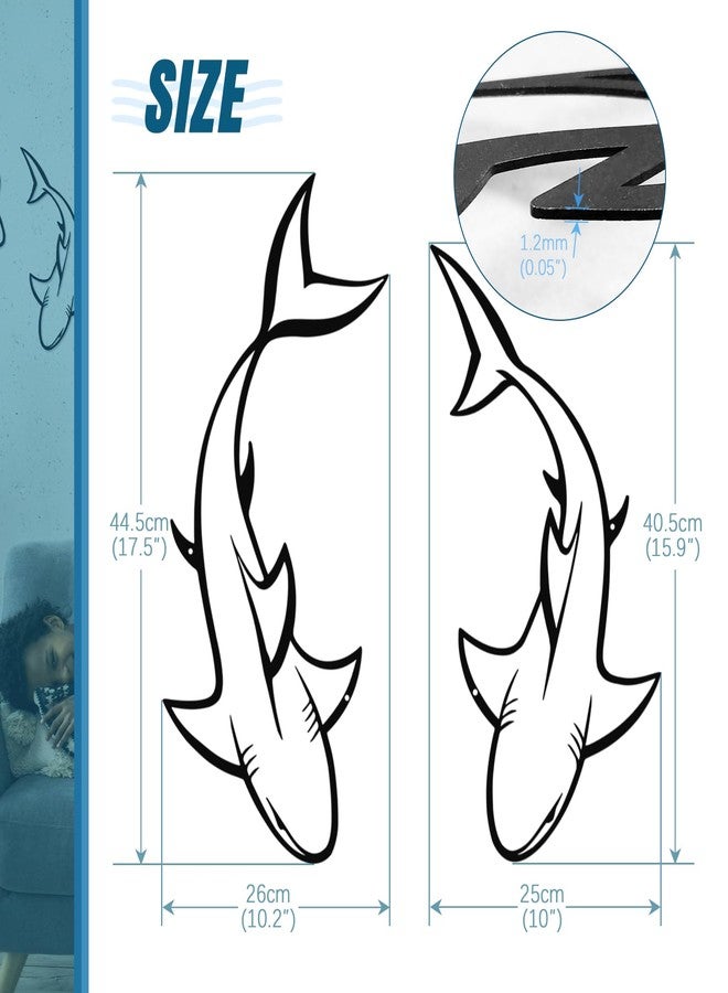 AttoShow 2PCS Black Metal Shark Wall Decor, Abstract Line Nautical Wall Art for Living Room, Office, Coastal Beach House Theme, Modern Minimalist Fish Sculpture - Image 2