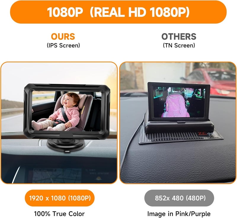 Baby Car Camera, 4.3" HD 1080P, Baby Car Mirror, 360 ° Rotation Night Vision Car Baby Monitor with Camera, Safety Baby Car Mirror Camera for Rear Facing 5 Mins Easy Installation - Image 4
