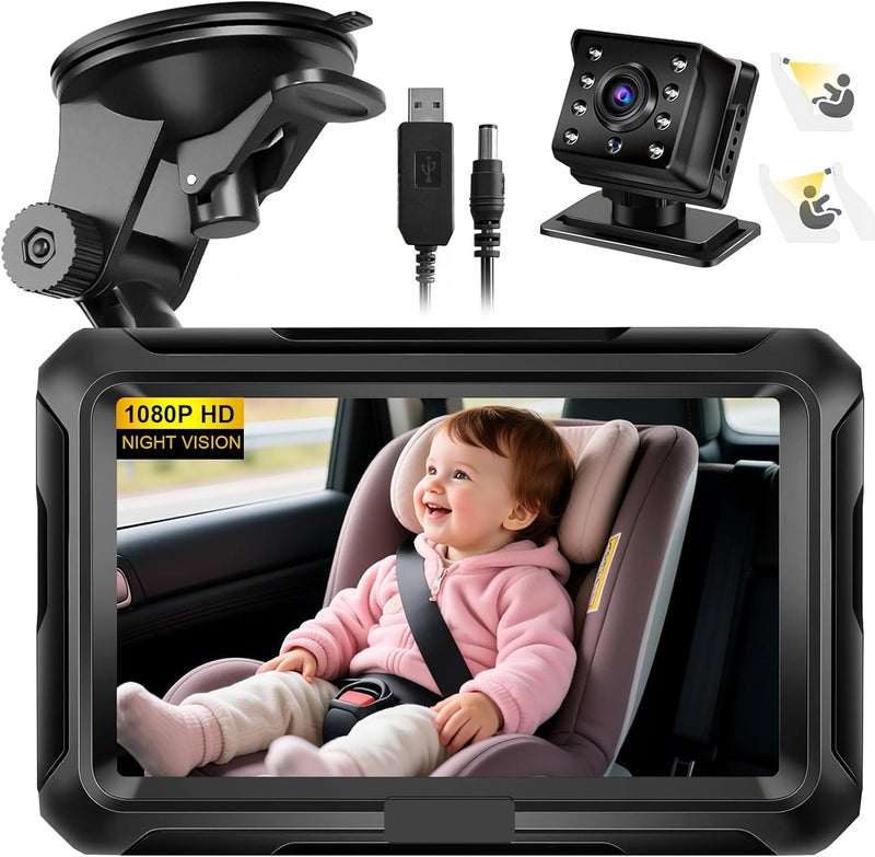 Baby Car Camera, 4.3" HD 1080P, Baby Car Mirror, 360 ° Rotation Night Vision Car Baby Monitor with Camera, Safety Baby Car Mirror Camera for Rear Facing 5 Mins Easy Installation - Image 1