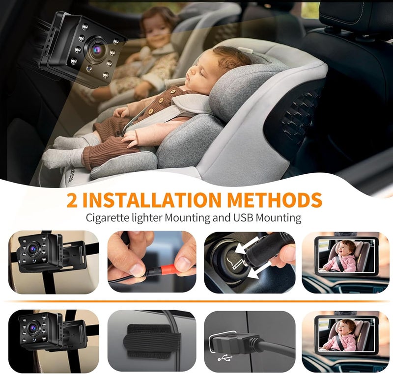 Baby Car Camera, 4.3" HD 1080P, Baby Car Mirror, 360 ° Rotation Night Vision Car Baby Monitor with Camera, Safety Baby Car Mirror Camera for Rear Facing 5 Mins Easy Installation - Image 5