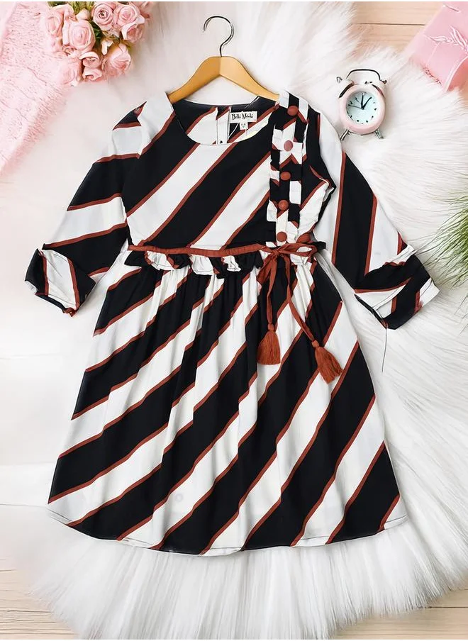 بيلا مودا Bella Moda Striped Ruffle Trim Cotton Dress with Tie-Up Detail
