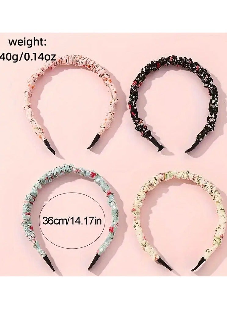 Ucanbe 4pcs Sweet Floral Print Pleated Headband Set - Chic & Versatile Hair Accessories for Girls, Perfect for Casual Attire, Girls Hair Accessories - Image 2