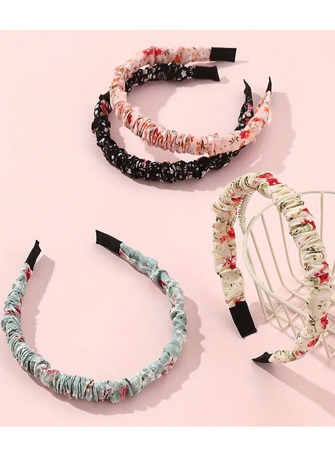Ucanbe 4pcs Sweet Floral Print Pleated Headband Set - Chic & Versatile Hair Accessories for Girls, Perfect for Casual Attire, Girls Hair Accessories - Image 3