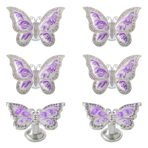 Xinally Butterfly Cabinet Knobs,6 Pieces Butterfly Knobs Single Hole Pulls Handles Decorative Door Cabinet Drawer Cupboard Furniture Door Wardrobe (Purple) - Image 1