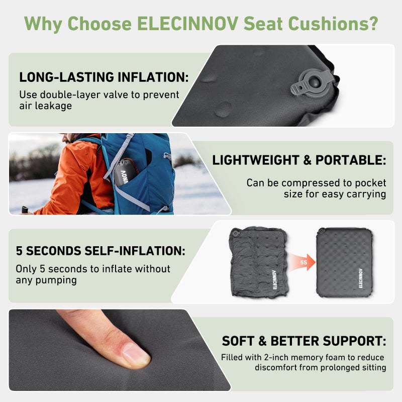 ELECINNOV Inflatable Seat Cushion, Self Inflating Memory Foam Stadium Seat Cushion Lightweight Camping Chair Pad Airplane Cushion for Long Flights Outdoor Travel Bleacher Office Car Backpacking (Grey) - Image 3