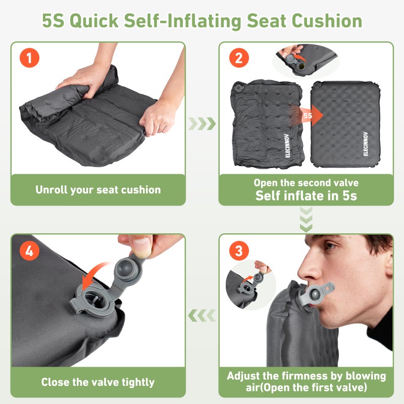 ELECINNOV Inflatable Seat Cushion, Self Inflating Memory Foam Stadium Seat Cushion Lightweight Camping Chair Pad Airplane Cushion for Long Flights Outdoor Travel Bleacher Office Car Backpacking (Grey) - Image 5