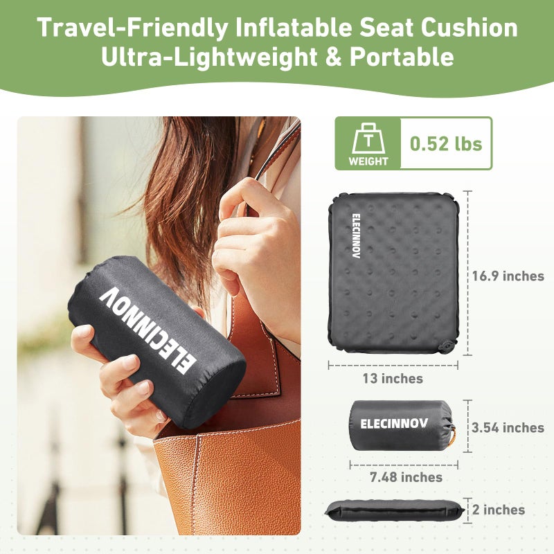 ELECINNOV Inflatable Seat Cushion, Self Inflating Memory Foam Stadium Seat Cushion Lightweight Camping Chair Pad Airplane Cushion for Long Flights Outdoor Travel Bleacher Office Car Backpacking (Grey) - Image 2