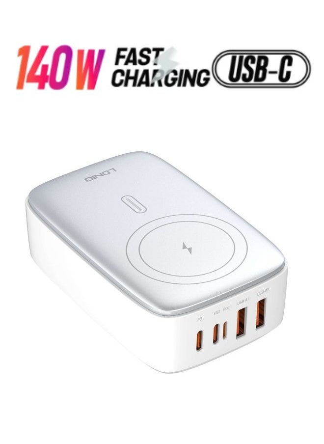 LDNIO 140W Wireless Charging With 2 USB-C 2 USB-A Multiport Desktop Wireless Charging Adapter White 