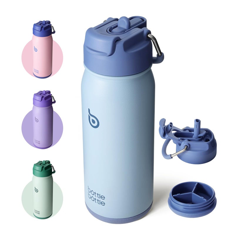 BOTTLE BOTTLE 16 oz sports water bottle stainless steel insulated kids water bottle with straw and pills holder for gifts and schoolï¼ˆblueï¼‰ - Image 1