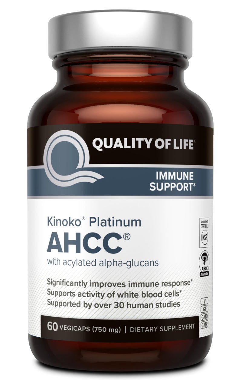Quality of Life مكمل كينوكو بلاتينوم AHCC العشبي من كواليتي أوف لايف، 750 ملغ من AHCC لكل كبسولة، لدعم المناعة، وظيفة الكبد، الحفاظ على نشاط خلايا القاتل الطبيعي، 1 عبوة، 60 كبسولة نباتية - Image 1