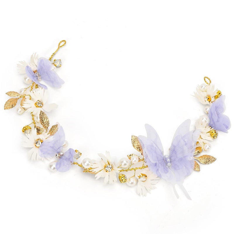 Vividsun Butterfly Headbands Flower Girl Hair Accessory with Pearls Butterfly Tiara for Christmas Birthday Cosplay Headpiece (Purple and gold) - Image 1