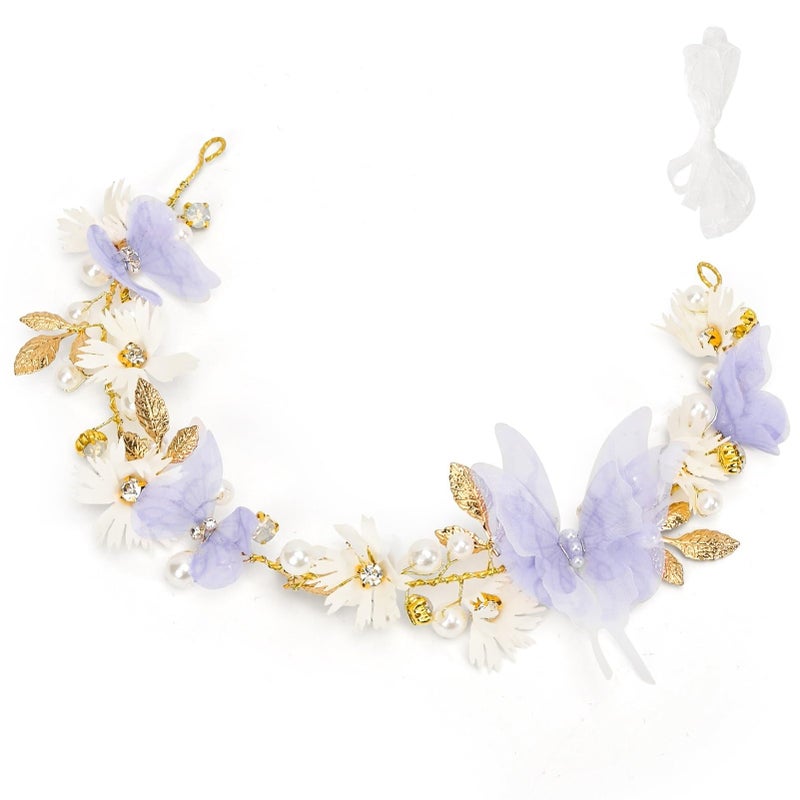 Vividsun Butterfly Headbands Flower Girl Hair Accessory with Pearls Butterfly Tiara for Christmas Birthday Cosplay Headpiece (Purple and gold) - Image 3