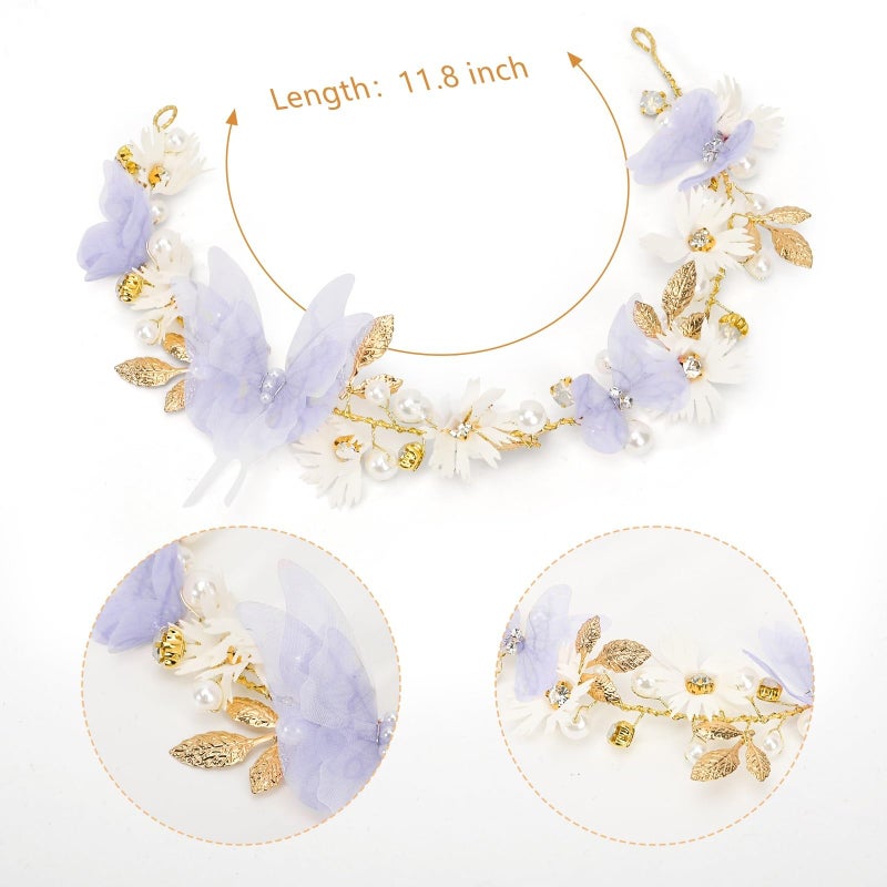 Vividsun Butterfly Headbands Flower Girl Hair Accessory with Pearls Butterfly Tiara for Christmas Birthday Cosplay Headpiece (Purple and gold) - Image 2