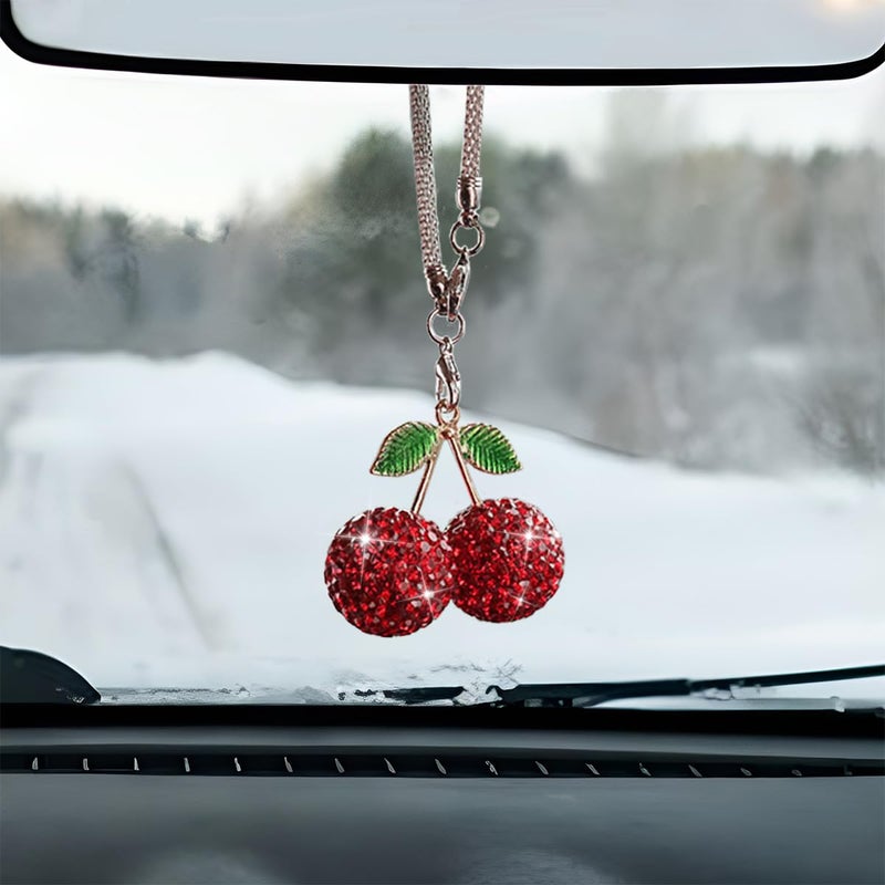 Tuxihapp Bling Cherry Car Rear View Mirror Charm Rhinestone Auto Rearview Mirror Pendant Ornament Sparkly Diamond Hanging Decoration Lucky Vehicle Interior Accessory for Women Red - Image 3