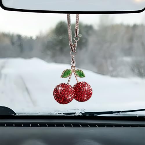 Tuxihapp Bling Cherry Car Rear View Mirror Charm Rhinestone Auto Rearview Mirror Pendant Ornament Sparkly Diamond Hanging Decoration Lucky Vehicle Interior Accessory for Women Red - Image 1