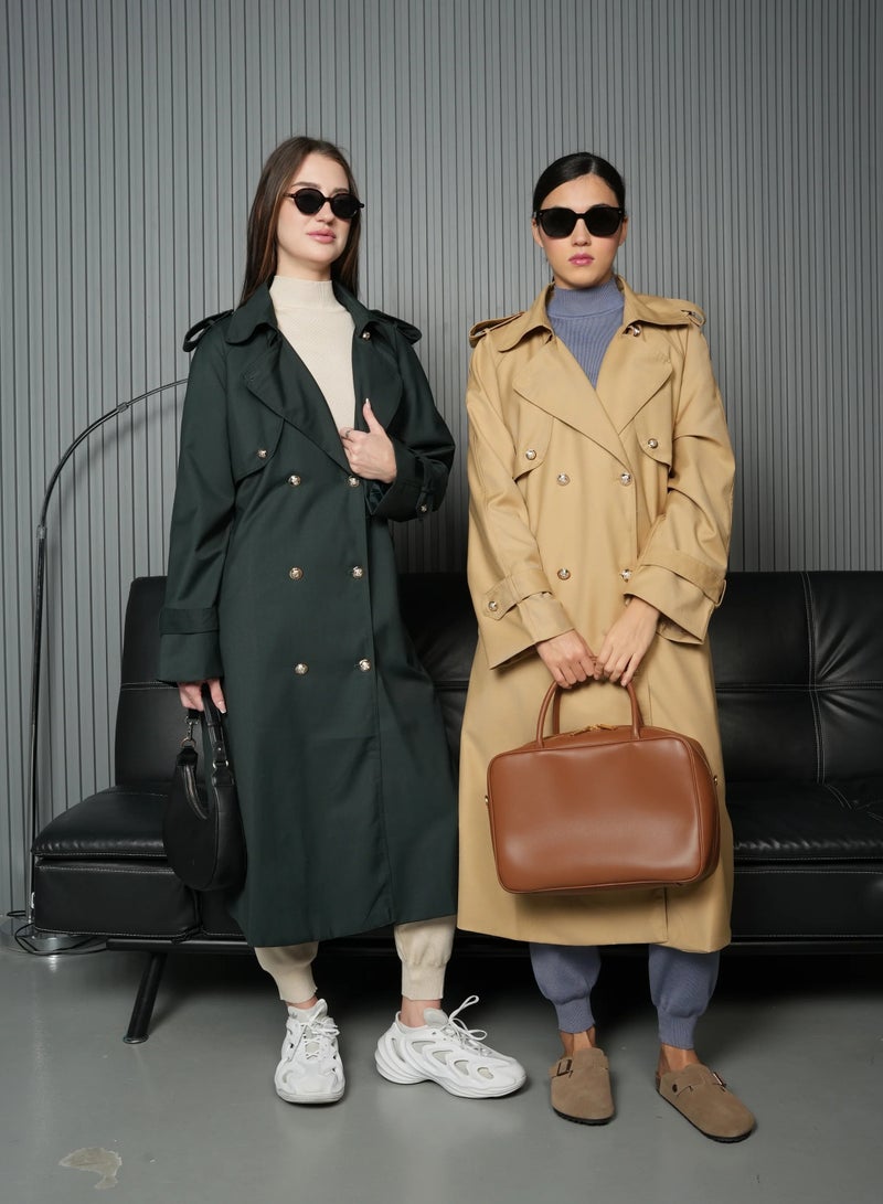 Andy Stylish Double-Breasted Trench Coat with Belted Waist and Shoulder Epaulettes - Modern and Sophisticated | Dark Green - Image 1