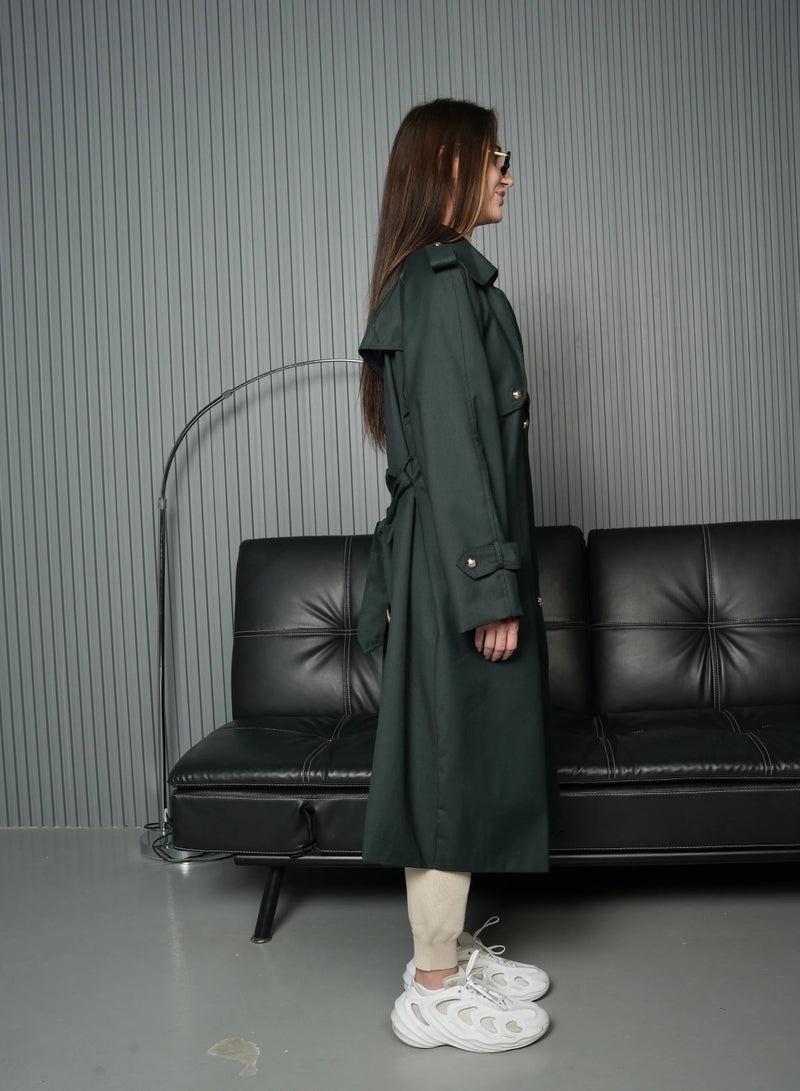 Andy Stylish Double-Breasted Trench Coat with Belted Waist and Shoulder Epaulettes - Modern and Sophisticated | Dark Green - Image 3