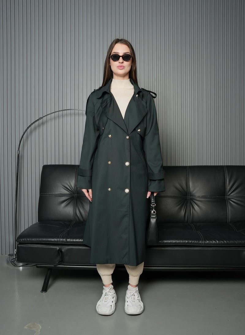 Andy Stylish Double-Breasted Trench Coat with Belted Waist and Shoulder Epaulettes - Modern and Sophisticated | Dark Green - Image 2