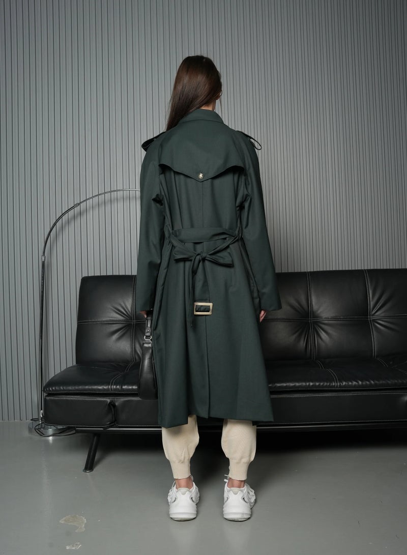 Andy Stylish Double-Breasted Trench Coat with Belted Waist and Shoulder Epaulettes - Modern and Sophisticated | Dark Green - Image 4