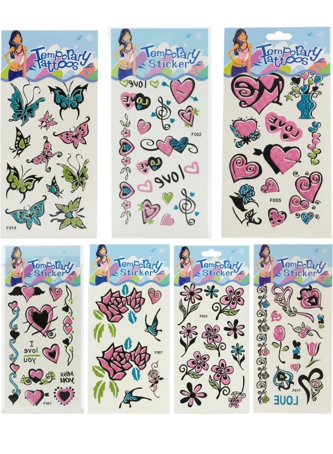 7 Sheets Premium Glitter Temporary Tattoos for Girls and Kids Mega Pack, Waterproof Shiny Sparkle Body Art Stickers Featuring Butterflies, Hearts, Roses, Flowers and Love Quotes, Long-Lasting Instant Faux Tatoos for Birthday Party Favors, DIY Decoration for Ceramics, Glass and Metal, High-Resolution Artistic Skin Decals, Y2K Style Fashion Accessories for Children and Teens, Multi-Color Reflective Body Stickers Set - Multishape