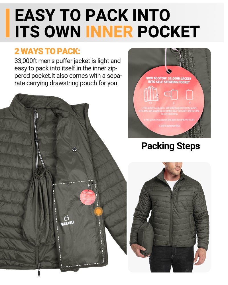 33,000ft Men's Lightweight Packable Insulated Puffer Winter Jacket, Water-Resistant Warm Quilted Puffy Coat - Image 3