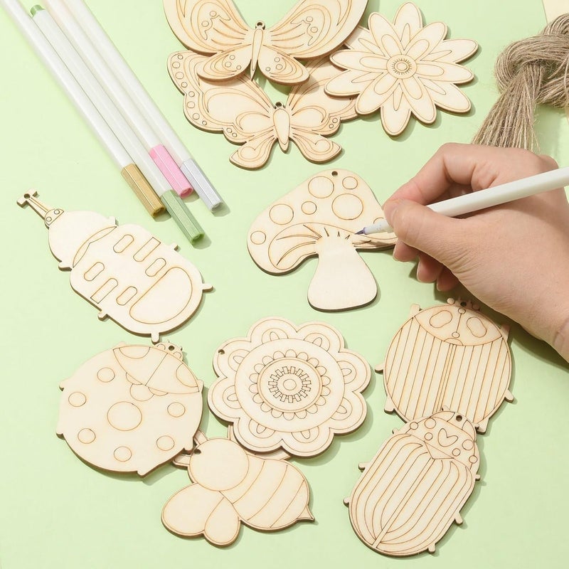 Zikra 40 Pcs Unfinished Wooden Cutouts Wood Insect Mushroom Flower erfly Scrapbooking Embellishments with Hemp Rope for School Holiday Party Children Painting DIY Crafts Home Decor 10 Styles - Image 3