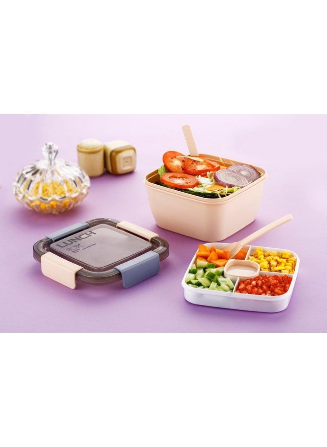 Clazkit Salad Lunch Box Container with Cutlery and Sauce Container with 5 Compartment Bento Style Tray Leak Proof Lunch Box for Food Snack Salad Home Office 1400ml-Cream, Plastic - Image 1