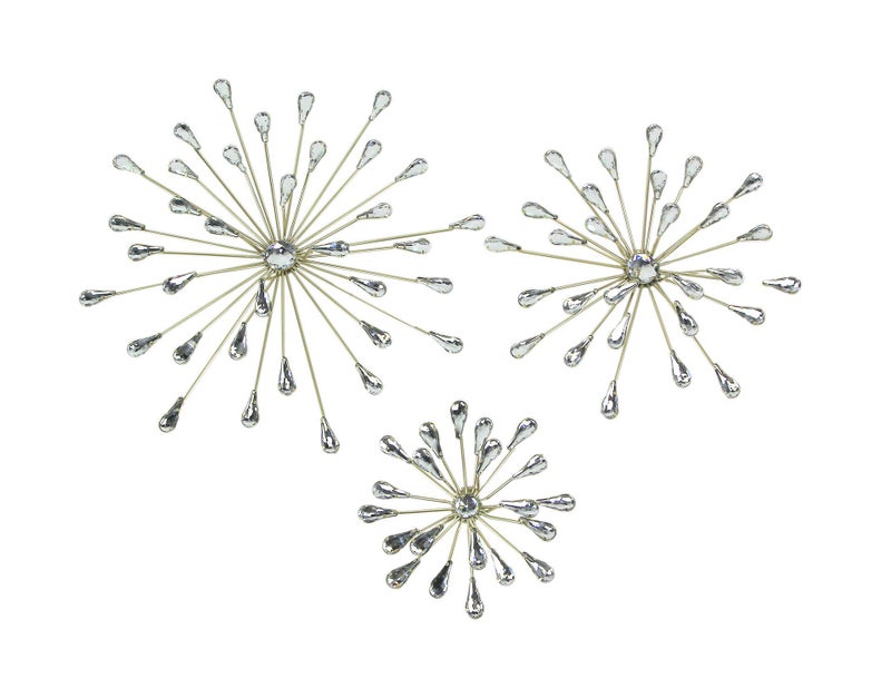 Zeckos Set of 3 Gold Finish Teardrop Crystal Jeweled Rhinestone Starburst Metal Wall Hangings Art Decorative MidCentury Modern Home Decor 6 9 12 Inches in Diameter 