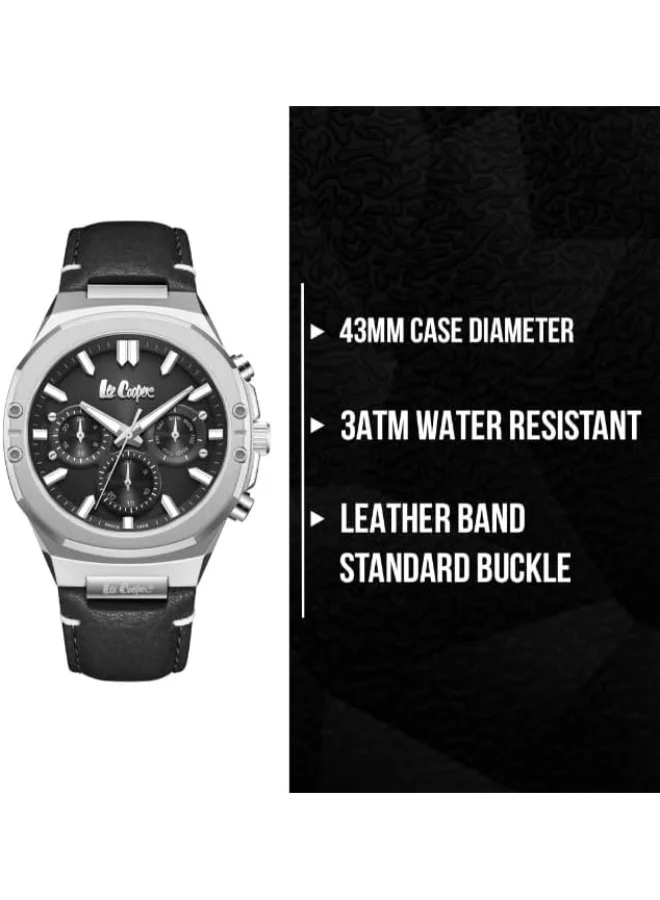 Lee Cooper LEE COOPER Men's VX9JE1 Movement Watch, Multi Function Display and Leather Strap - LC07992.351, Black