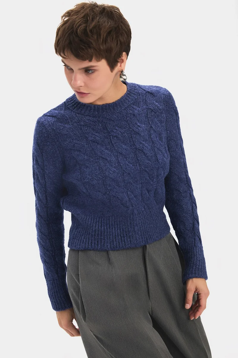 JUNE Women's Crew Neck Hair Knit Detailed Knitwear Sweater